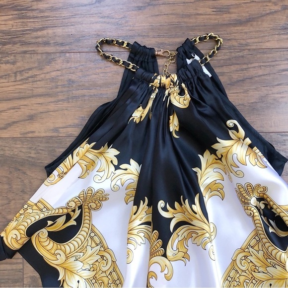 Cache • vintage silk scarf top halter neck chain black white gold versace - Picture 4 of 12